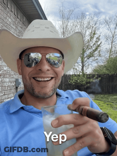 Cowboy In Hat And Sunglasses Holding Glass And Cigar Yep GIF