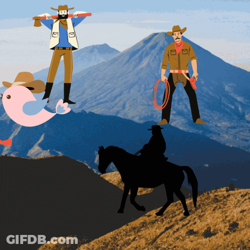 Cowboys Standing On Mountain With Pink Flamingo GIF