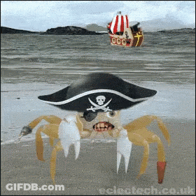 Crab In Pirate Hat On Beach With Boat GIF