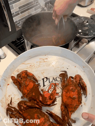 Crabs Are Being Cooked On A Plate That Says " Crab Place " GIF