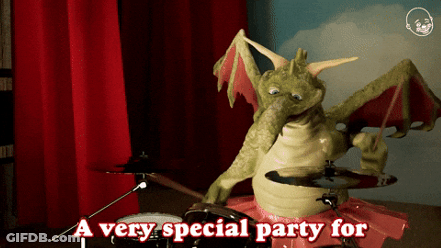 Crazy Birthday Celebration Dragon Puppet Playing Drums GIF