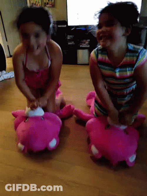 Crazy Kids Riding Their Stuffed Bear GIF