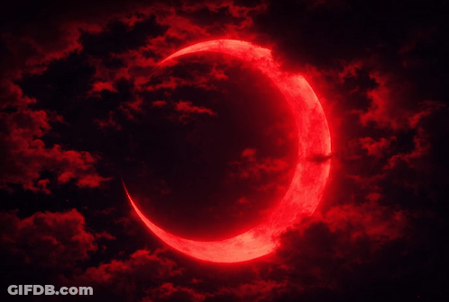 Crescent Moon Surrounded By Red Clouds GIF