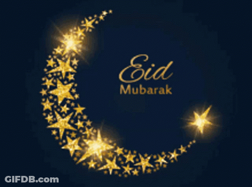 Crescent Moon With Gold Stars And Eid Mubarak GIF