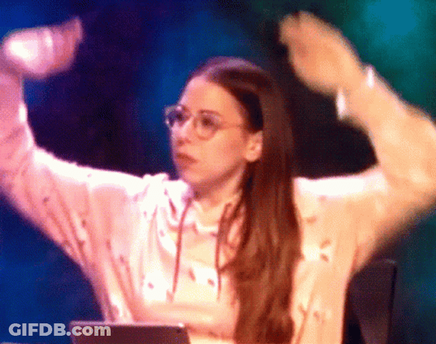 Critical Role Laura Bailey Arms Up Bouncing GIF