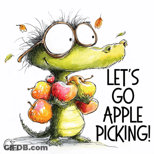 Crocodile Holding Apples Saying Let's Go Apple Picking GIF