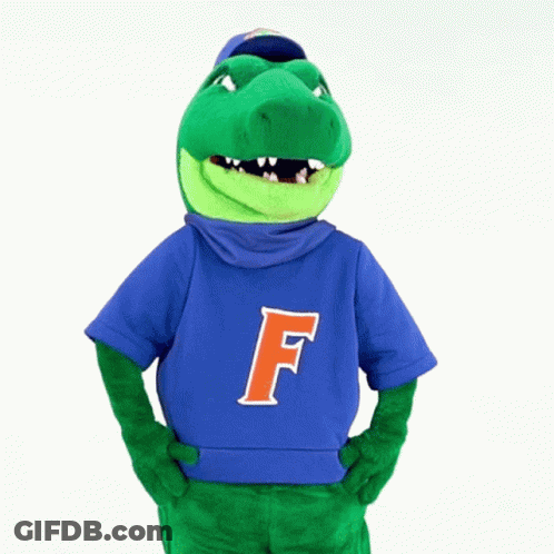 Crocodile Mascot In Blue Shirt With F GIF