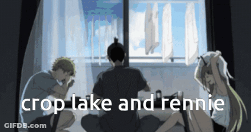 Crop Lake And Rennie Is Written On A Picture Of Three People Sitting In Front Of A Window GIF