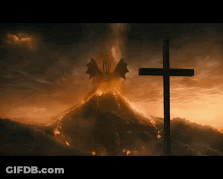 Cross In Front Of Volcano With Dragon GIF