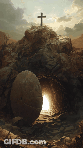 Cross On Rocky Hill Overlooking Tomb GIF