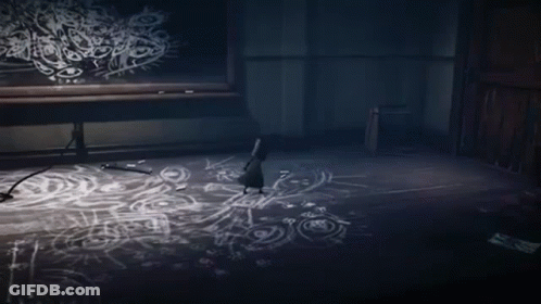 Crow In Dark Room With Chalkboard Drawings GIF