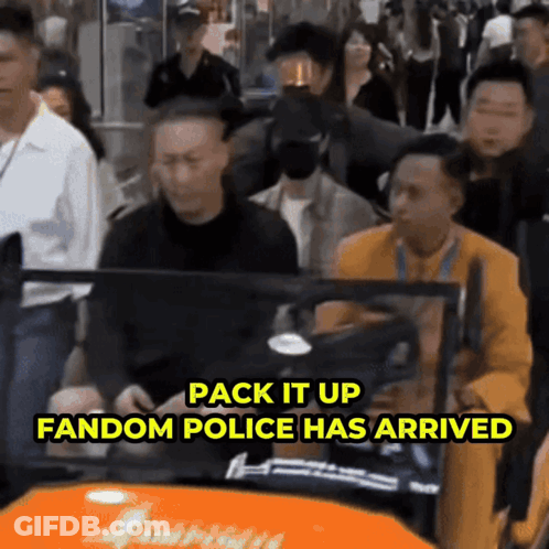 Crowd Around Car Saying Fandom Police Has Arrived GIF