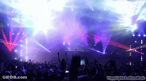 Crowd At Concert Trippy Lights And Rave Music GIF