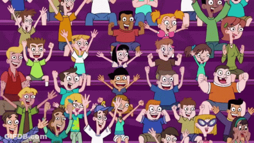 Crowd Cheering With Hands Up On Purple Background GIF