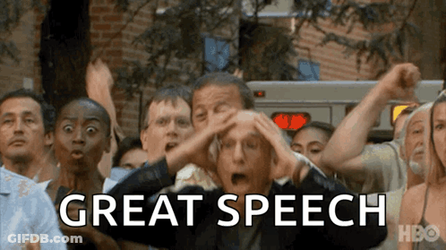 Crowd Hands On Heads Saying Great Speech GIF