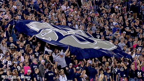 Crowd Holding Blue And White Flag With Letter U GIF