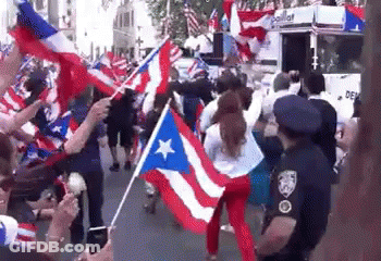 Crowd Holding Flags And Police Officer On Street GIF