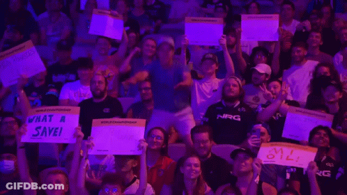 Crowd Holding Signs Saying What A Save And My Oil GIF