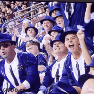 Crowd In Blue Hats And Ties Cheering GIF