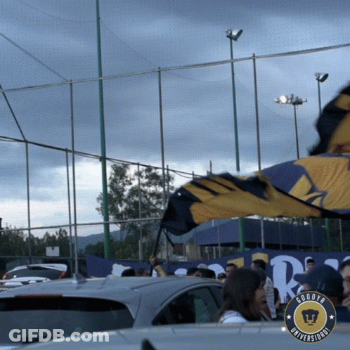 Crowd In Parking Lot With Goodya Universidad Banner GIF