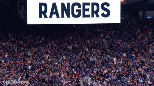 Crowd In Stadium With Rangers Sign GIF