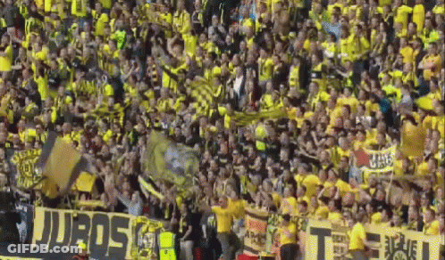 Crowd In Yellow Shirts Holding Juros Banner GIF