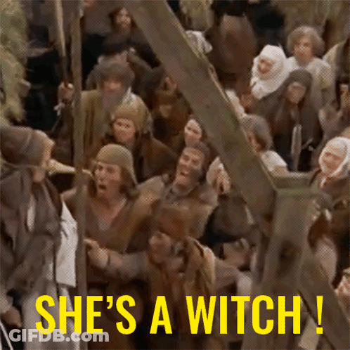 Crowd Of People With She's A Witch Text GIF