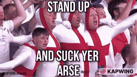 Crowd Standing Up Saying Suck Yer Arse GIF
