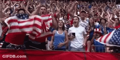 Crowd Standing With Arms In Air In Stadium GIF
