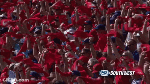 Crowd Waving Red Scarves At Soccer Game GIF