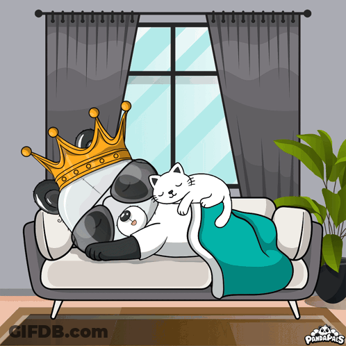 Crowned Panda Bear Laying On Couch With Cat GIF