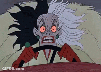 Cruella De Vil Is Driving A Car With A Very Angry Look On Her Face . GIF