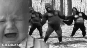 Crying Baby With Dancing Gorillas In Woods GIF