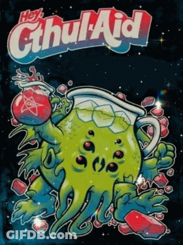 Cthulhu Holding Cup Saying Hey Cthul Aid GIF