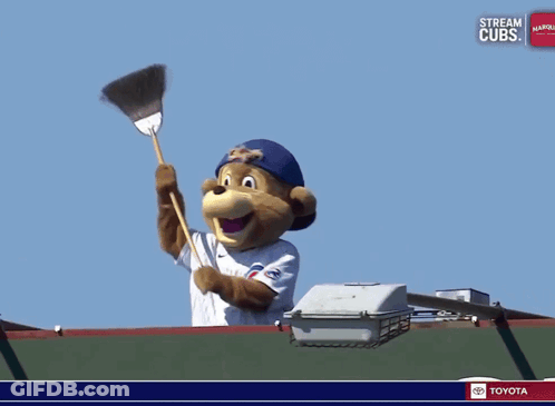Cubs Mascot Holding Broom GIF