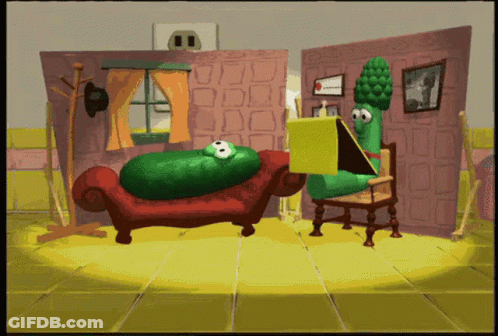 Cucumber Sitting On Couch And Asparagus Reading Book GIF