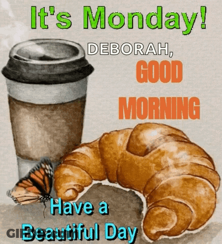 Cup Of Coffee And Croissant Saying It's Monday GIF