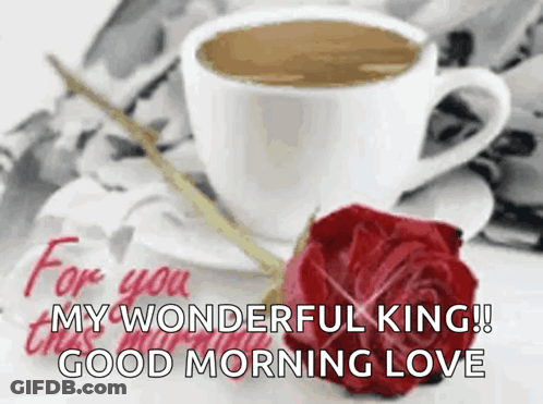 Cup Of Coffee And Red Rose With Good Morning Love Message GIF