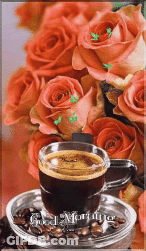 Cup Of Coffee And Roses Saying Good Morning GIF