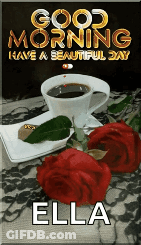 Cup Of Coffee And Roses With Name Ella GIF