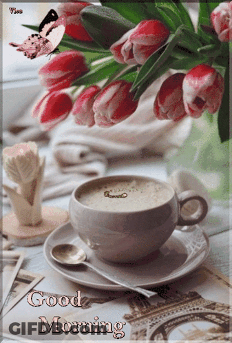 Cup Of Coffee Next To Bouquet Of Flowers Saying Good Morning GIF