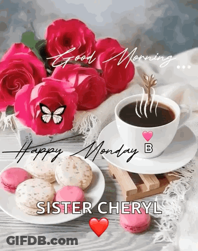 Cup Of Coffee Next To Cookies And Flowers GIF