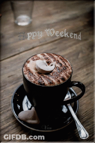 Cup Of Coffee On Saucer Saying Happy Weekend GIF