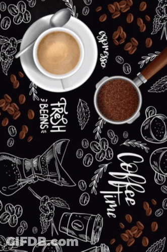 Cup Of Coffee On Saucer Surrounded By Coffee Beans Saying Fresh Beans GIF