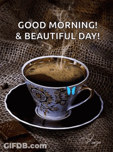 Cup Of Coffee On Saucer With Butterfly GIF