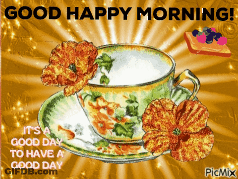 Cup Of Coffee On Saucer With Flowers Good Happy Morning GIF