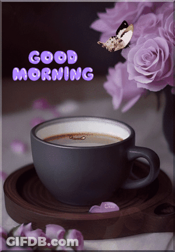 Cup Of Coffee With Purple Roses GIF