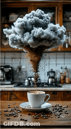 Cup Of Coffee With Smoke And Coffee Beans GIF
