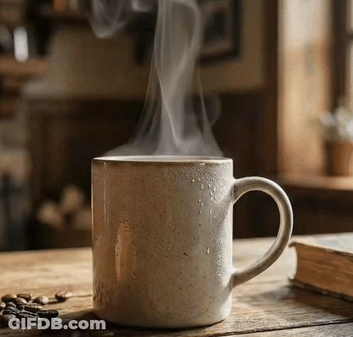 Cup Of Steaming Coffee On Wooden Table GIF