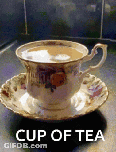 Cup Of Tea On Saucer With Cup Of Tea Text GIF